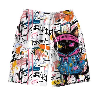 3D printed colorful graffiti cat men's shorts, cute animal pattern beach pants, 