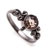 Natural Smoky Quartz Round Ring 925 Sterling Silver Black Oxidized Boho Jewelry