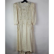 Vintage Silk Wedding Dress Ivory Lace Long Sleeve Floral Applique Delicate Flowy
