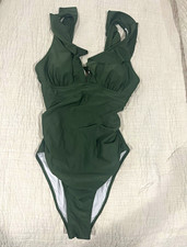 Women  s Green One-Piece Swimsuit Size S, Ruffle Straps Cutout Back, cup padding