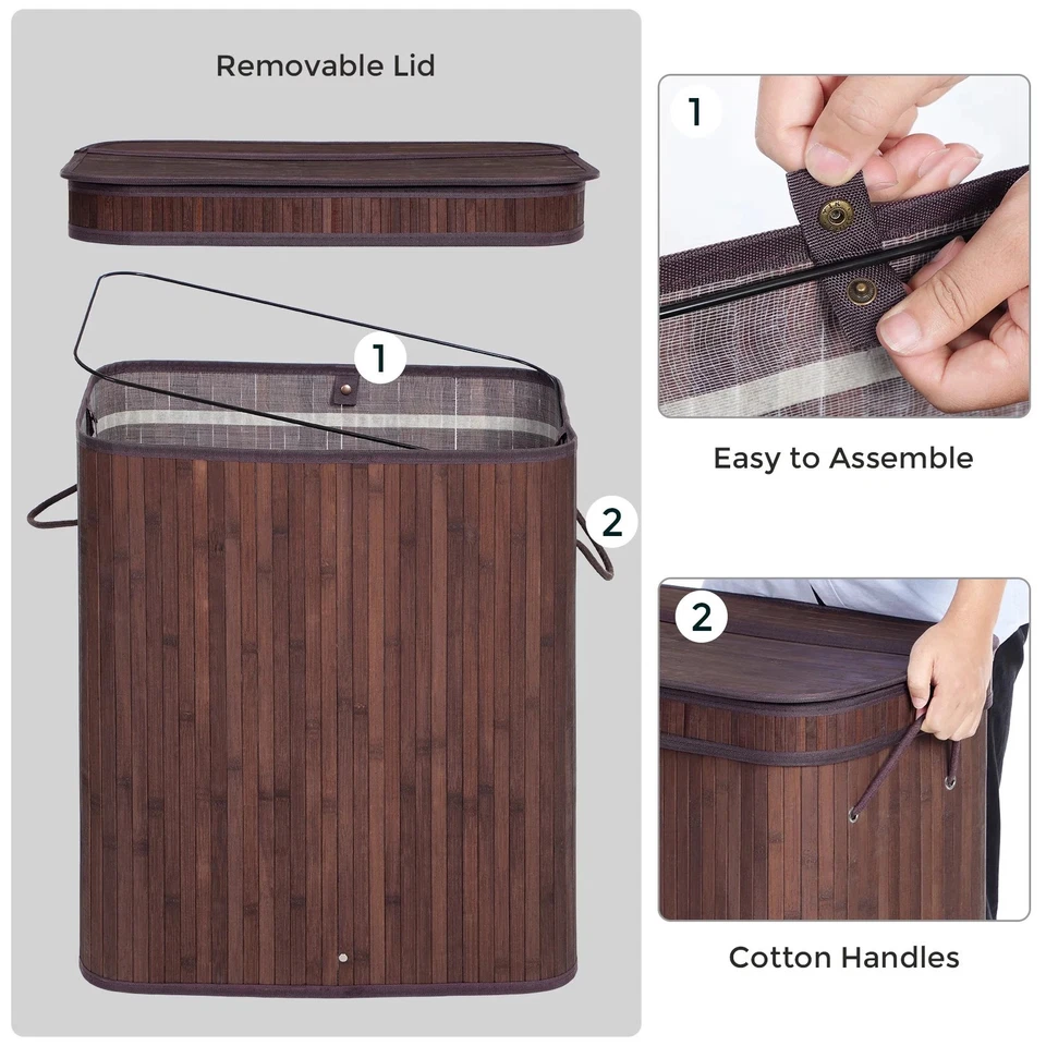 100L Large Bamboo Laundry Hamper, Clothes Storage Organiser Bag with Lid Brown - Image 2 of 4