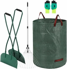Leaf Grabber and Adjustable Metal Rake Set with Long Handle, 79-Gallon Reusable 