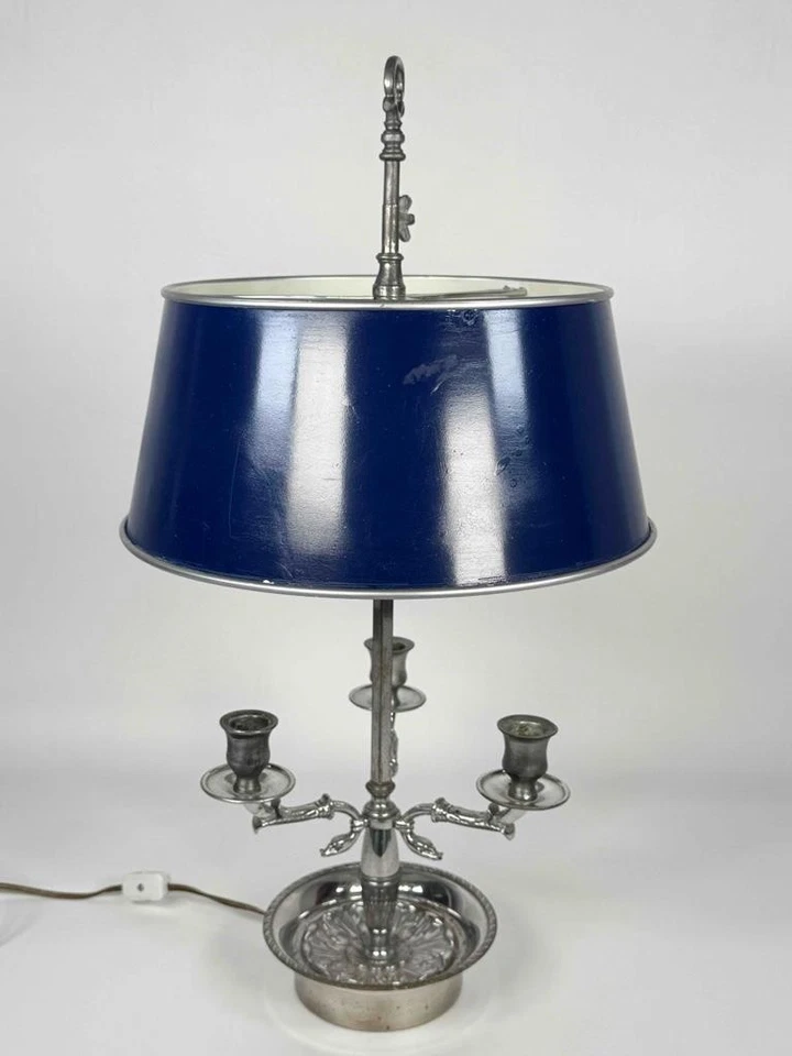 Antigua lámpara Tole pintura vela bouillotte metal plateado Imperio Luis XVI francés Foto 3 de 4