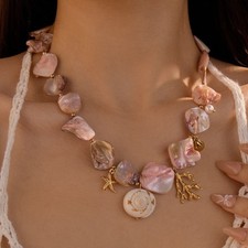 Pink Shell Chunky Necklace Beach Coral Pendant Boho Jewelry Gift for Women