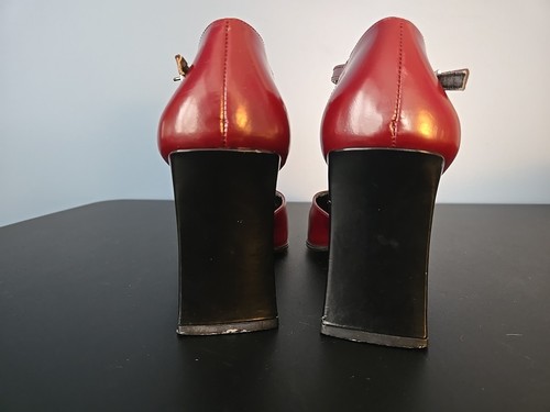 NINE WEST Red Black Ankle Strap Chunky Heels Square Toe Women Pumps Y2K 7.5 - Picture 5 of 11