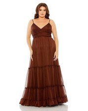 Mac Duggal Chocolate Brown Ruched Bodice Tiered Skirt Dress Size 14W $398