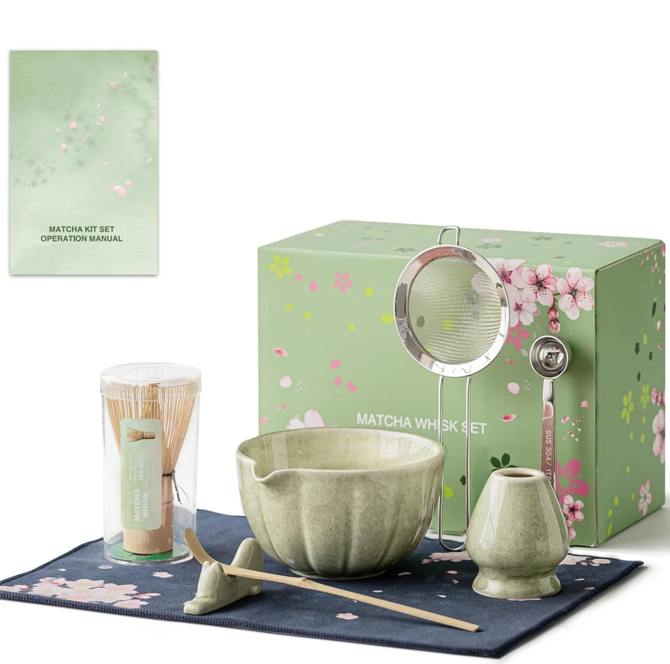 8 Pcs Matcha Whisk Set - HTRCXB Matcha Set with Bowl, Ceramic Mottled Green