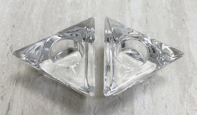 2 Orrefors Clear Crystal Tealight Candle Holder Chunky Triangle Art Glass Sweden
