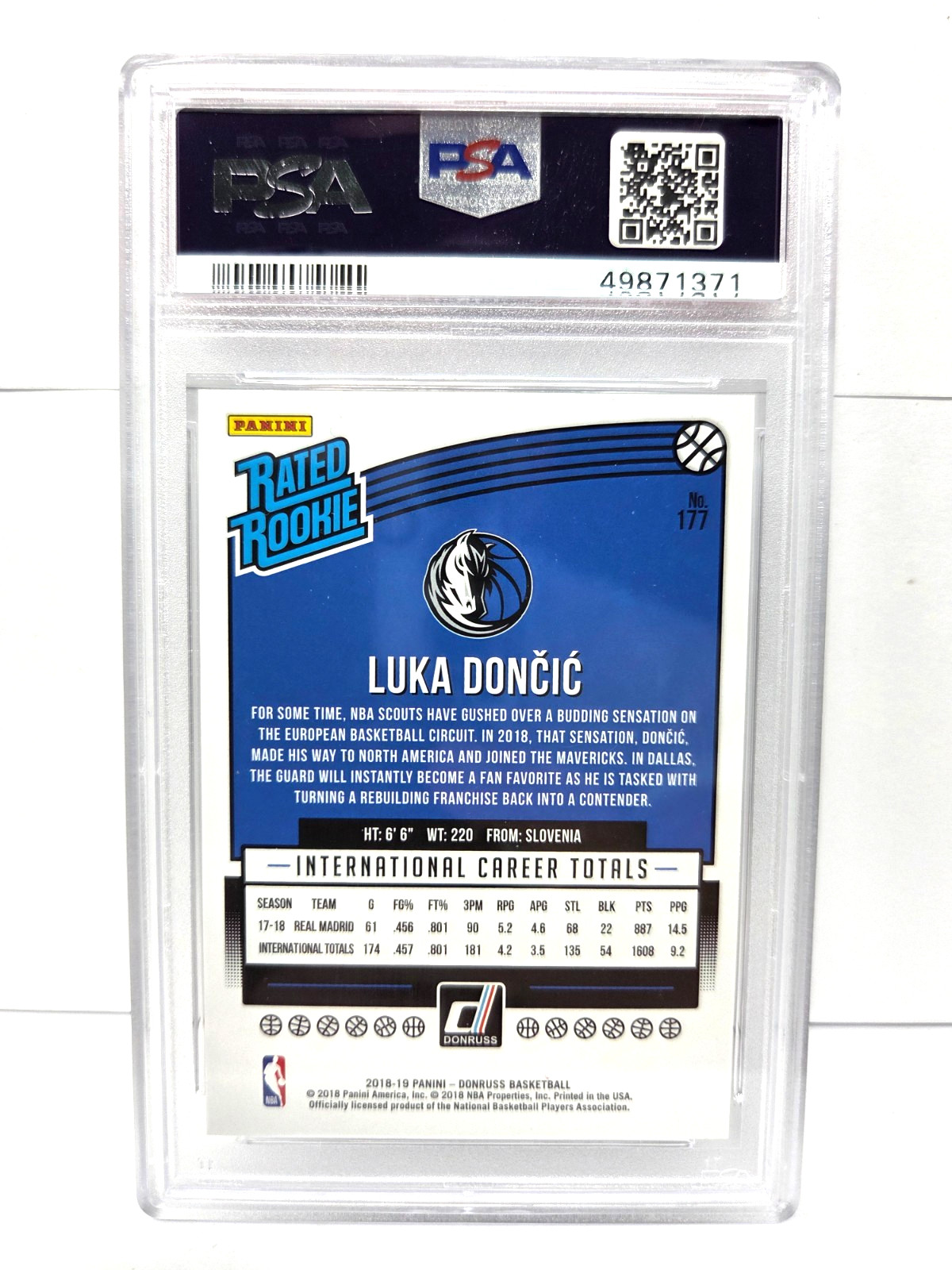 2018 Donruss Rated Rookie LUKA DONCIC RC Basketball Card PSA 9 MINT view 2