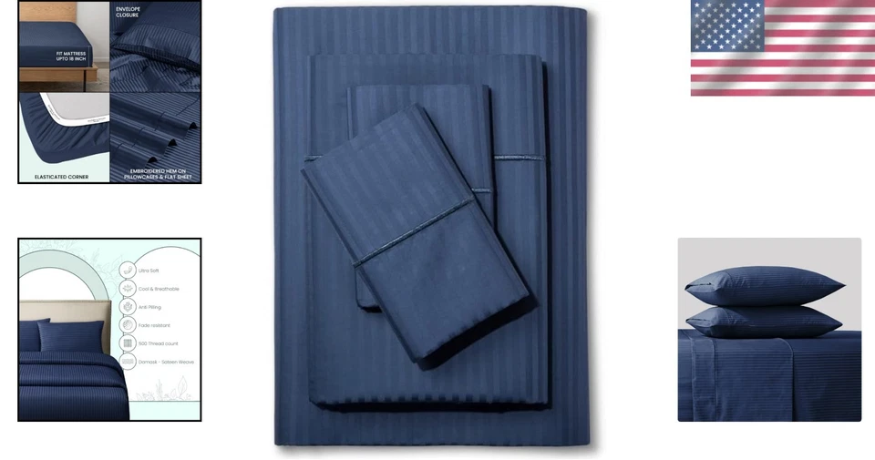 Juego de cama tejido satén algodón transpirable - tamaño king, azul Foto 2 de 4