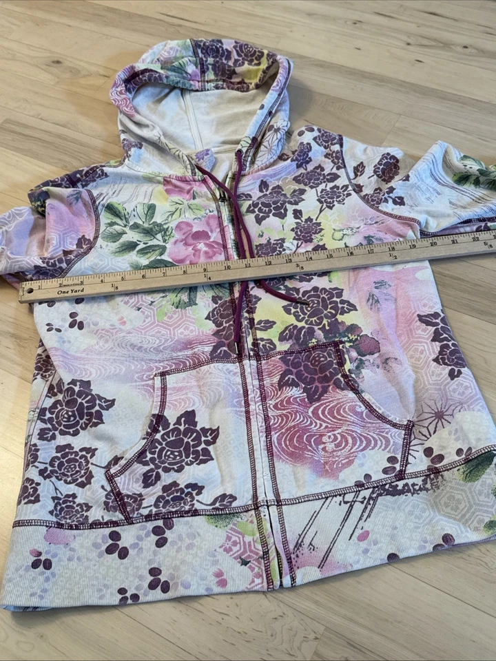 Y2K 00s-AOP-lucky brand-Cotton Sweatshirt hoodie zipup hippie-Floral-Boho-L - Image 3 of 4