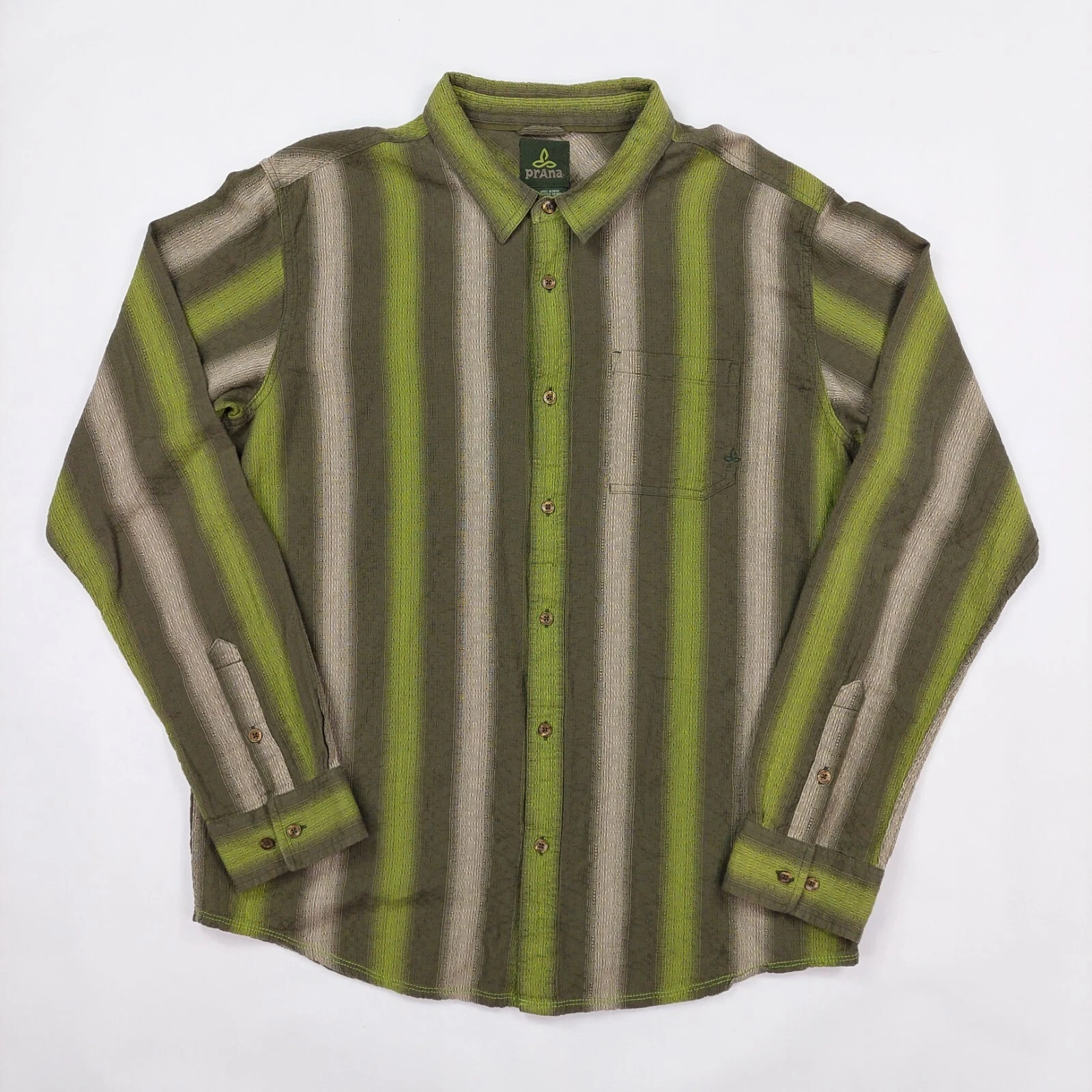PrAna Men's Size XL Green Brown Textured Long Sleeve Button Up Shirt Outdoors