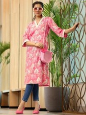 Pink Printed Kurta Women V Neck Kurti 3/4 Sleeves Top Tunic Dress