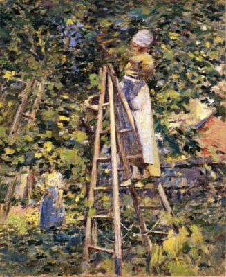 Oil painting impression landscape & people Gathering-Plums-Theodore-Robinson art