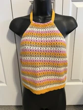 Vero Moda Crochet Halter Top L Orange Tan Pink Boho Hippie Sleeveless Sexy New