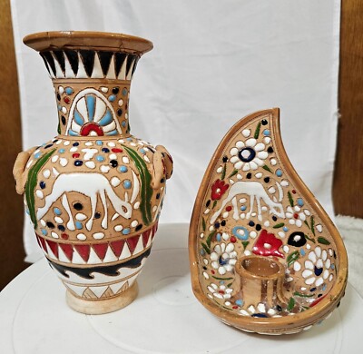 2 Greek Spathas Keramik Archagelos Rhodes Enamel Deer 1 Vase, 1 candlestick-READ