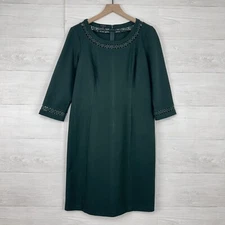 Talbots Sheath Dress Women 10 Green Crochet Neck 3/4 Sleeves Stretch