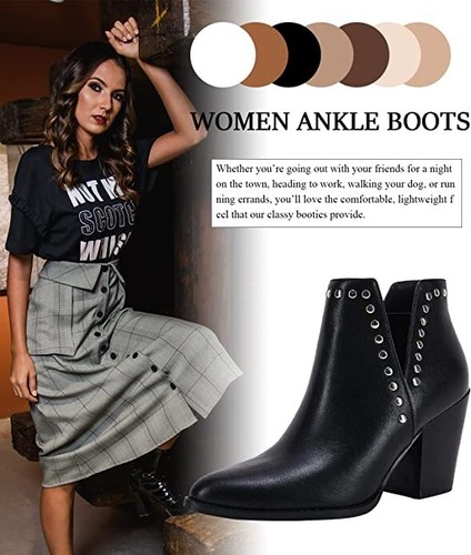 Rilista Women 6 Ankle Boots Cutout Pointed Toe Chunky Block Mid Heel Black - Picture 8 of 10