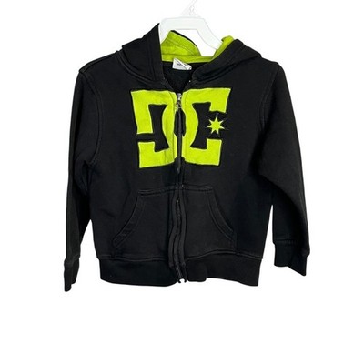 DC Shoes Boys Zip Up Hoodie Black Lime Green Logo Skate Sweatshirt Size 5