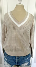 DKNY Sport Womens Sweater Small Beige V Neck Cotton Knit Lightweight Pullover