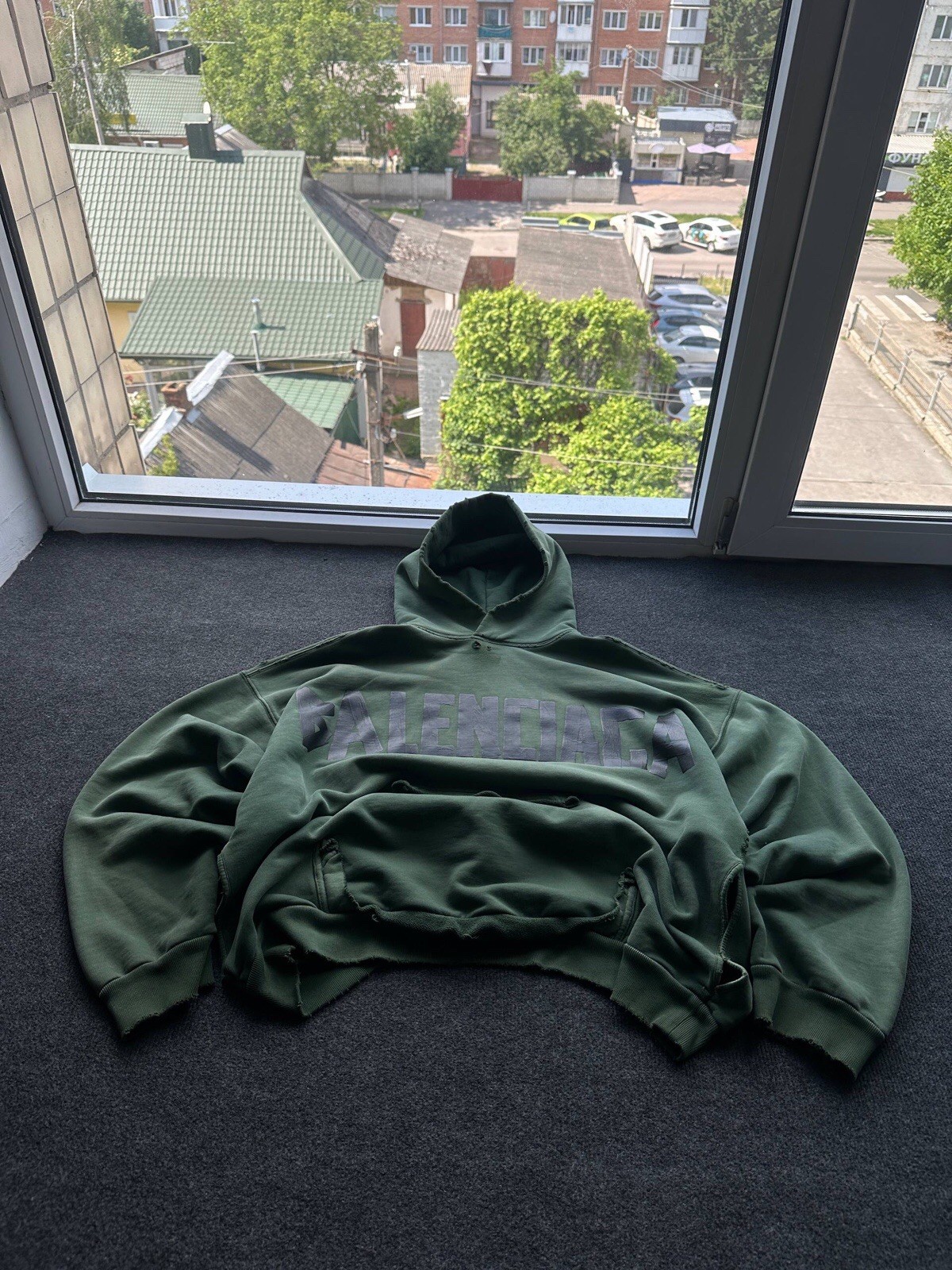 RARE COLOR 🚨 BALENCIAGA TAPE GREEN HOODIE BLACK BIG LOGO DISTRESSED Y2K image 6
