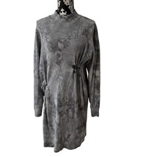 Forever 21 Womens Grey Tie Dye Mock Neck Cinch Waist Ribbed Mini Dress Medium