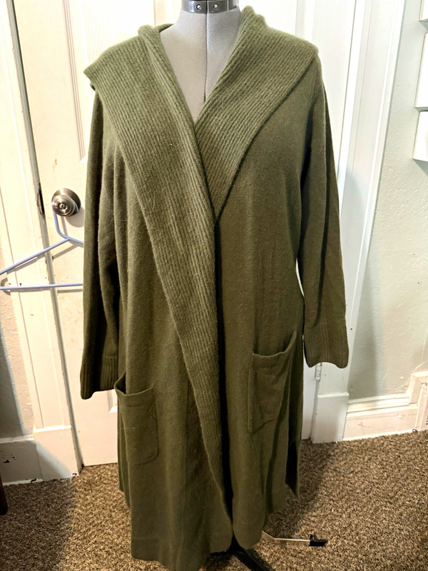 Isaac Mizrahi Live! Womens Green Cashmere Long Hooded Open Coatigan Pockets 3X