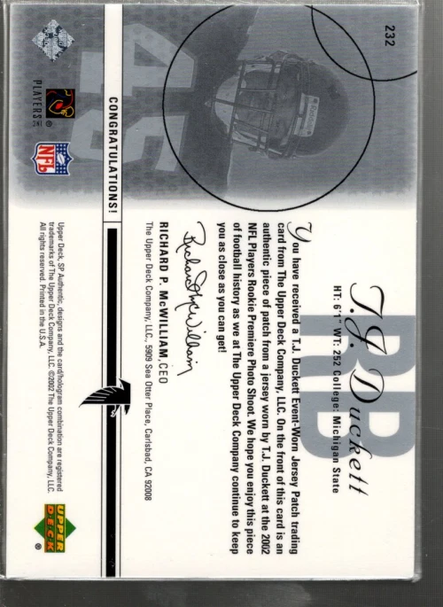 A4181- 2002 SP Authentic #232 T.J. Duckett RC Jersey /850 (SAMPLE PICTURE) - Image 2 of 2