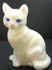 Fenton Art Glass White Iridescent Sitting Cat Figurine Paperweight b.Montgomery