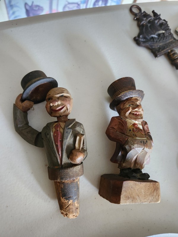 Vintage 2 Folk Art Carved Wood Wine Bottle Stopper - Old Stopper One Movable