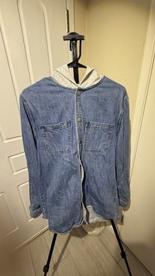 Forever 21 Men's M Blue Solid Denim Hooded Collared Long Sleeve Button-Up