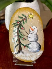 Hand Painted Rock "Fun Snowman Decorating Tree” Collectible Garden Decor Art