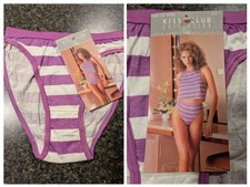 Vintage 80s Kiss Club Collection High Cut Bikini Panties Striped purple white