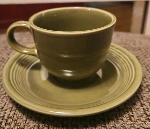 Vintage Fiesta Ironstone Cup And Saucer Turf Green Small Chip