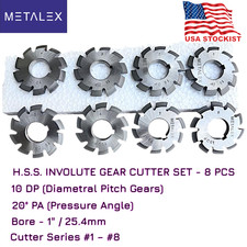 Involute Gear Cutter  10 DP 8 Pieces Pcs Set PA 20  Bore 25.4mm 1" No 1-8 HSS M2