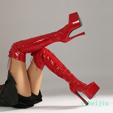 Women's Over The Knee High Lace Up Boots Pointed Toe Platform Dance Club Shoes