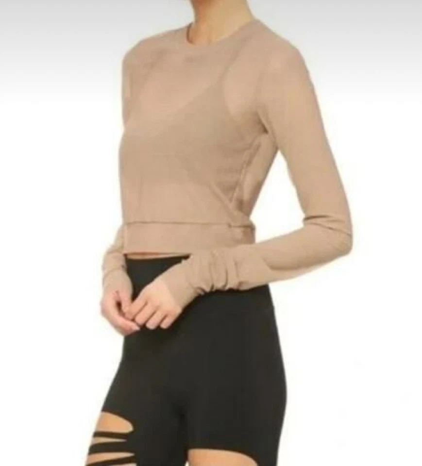 Top Corto ALO Beige Tostado Marrón Malla Transparente Manga Extra Larga S Baile Ballet Foto 2 de 4