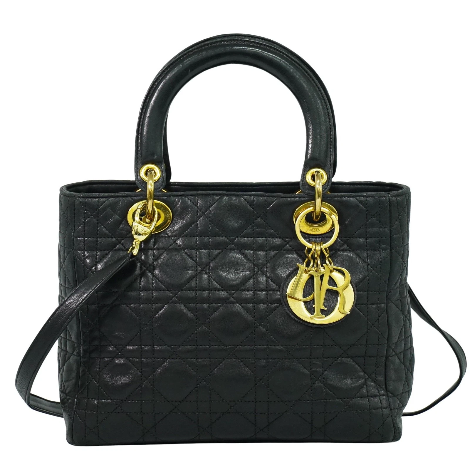 Borsa a tracolla Christian Dior Lady Dior Cannage in pelle a 2 vie nero oro