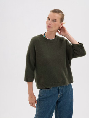 NEU 2026 Herbst £175 HUSH Cherrie klobiges 100 % Kaschmir T-Shirt khaki Medium/Large