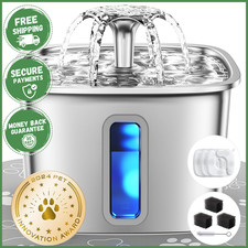 AUTOMATIC STAINLESS STEEL PET WATER FOUNTAIN Flowing Dispenser Cat Dog Hydration