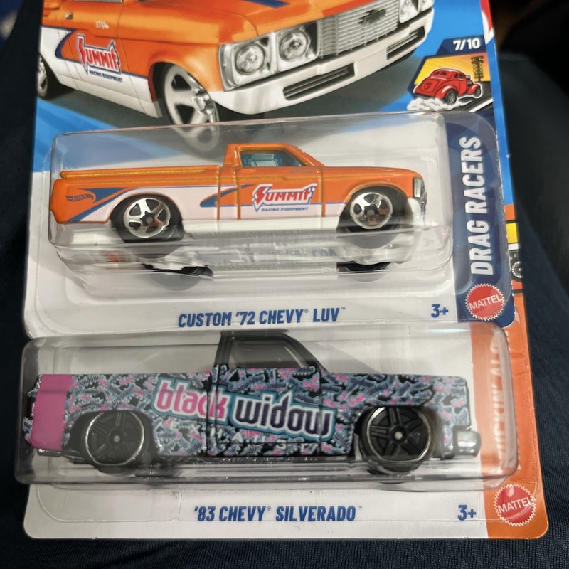 Hot Wheels Chevy 83 Silverado Black Widow  and A  1972 Custom Chevy Luv