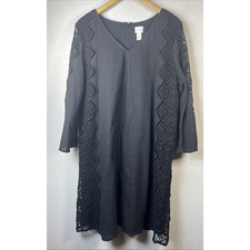 Womens Black shift Crochet Lace dress Chico's 3 lined Long Sleeve XL Boho