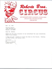 Roberts Bros. Circus Letterhead 1991 re: Letterhead Clown Sarasota, FL