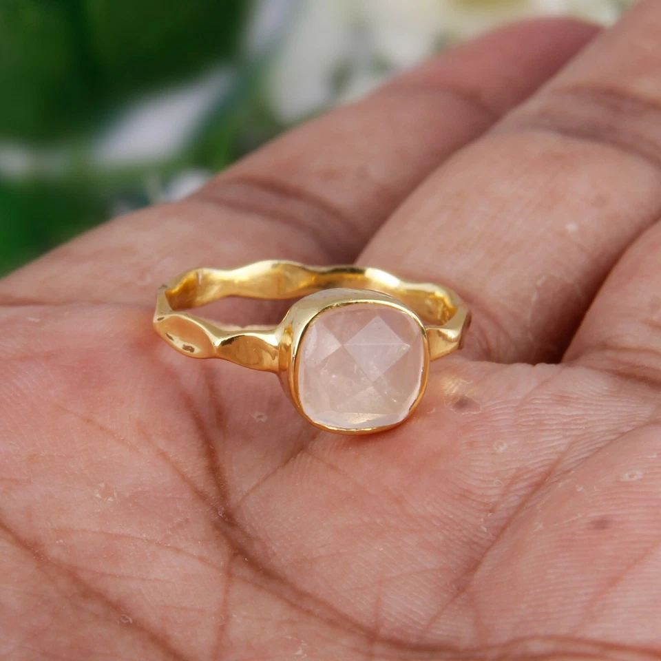 Покрытое желтым золотом кольцо из розового кварца серебро 925 пробы кварцевые штабелируемые кольца - Изображение 2 из 4