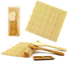 100% Bamboo Sushi Kit 2 Natural Rolling Mats, 1 Rice Paddle, 1 Spreader, 1 dish