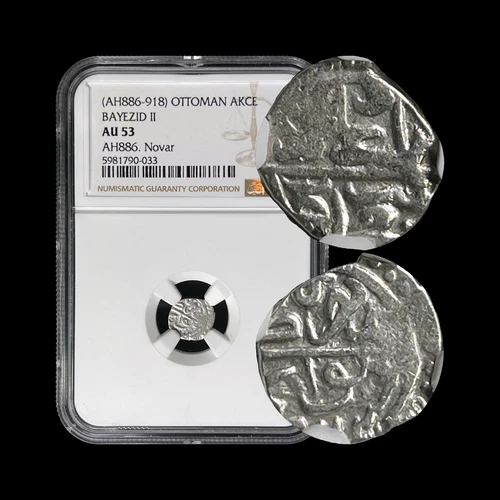 OTTOMAN. 1481, Akce, Silver - NGC AU53 - Bayezid II, Novar, Serbia 033