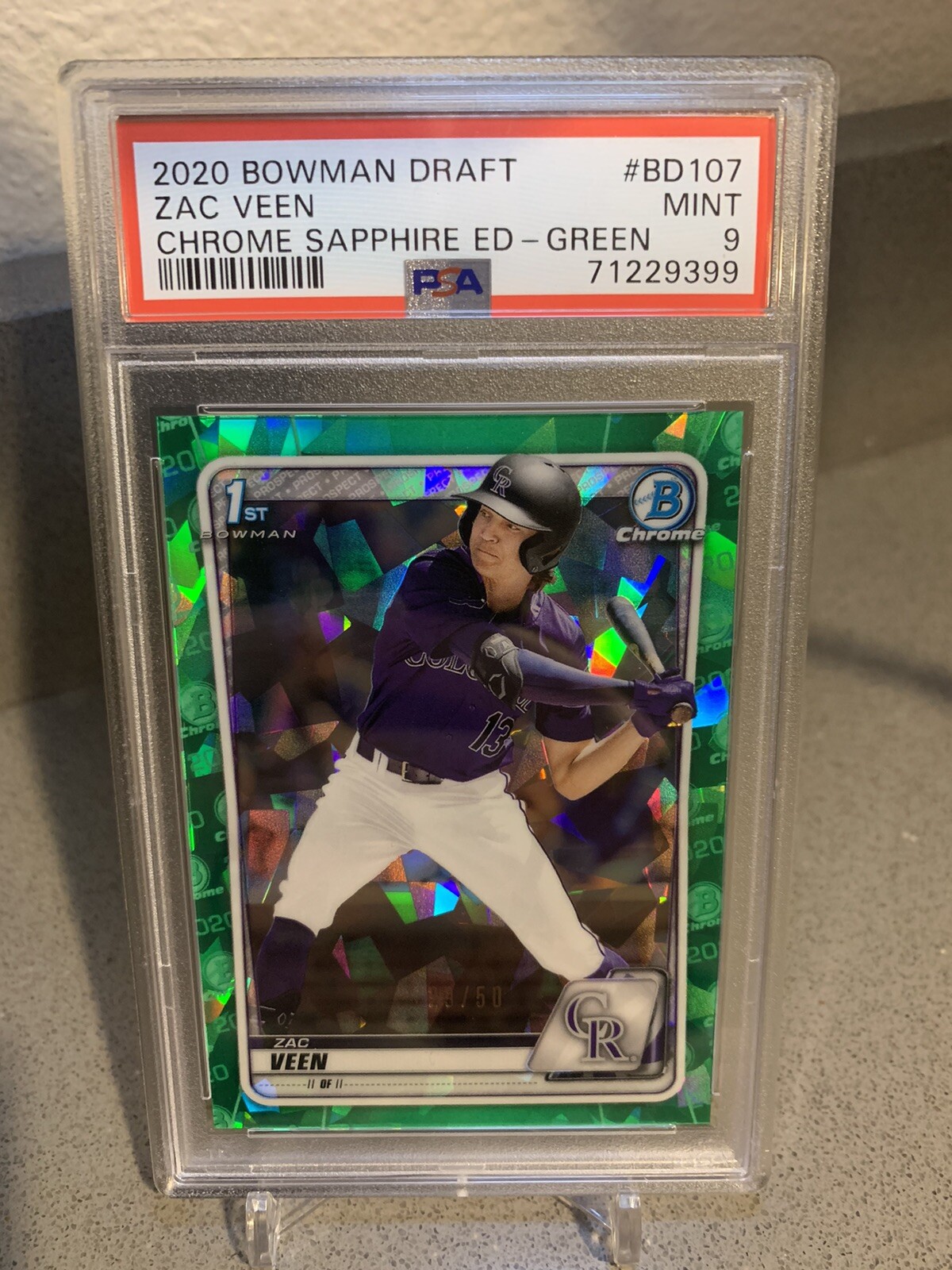 2020 BOWMAN CHROME DRAFT SAPPHIRE ZAC VEEN RC GREEN REFRACTOR /50 PSA 9 MINT!