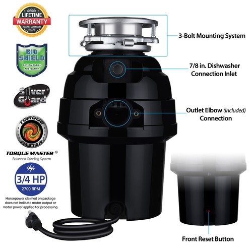 Titan 3/4 HP Deluxe Kitchen Garbage Disposal with Cord, Stopper, Splash Guard - Picture 2 of 7