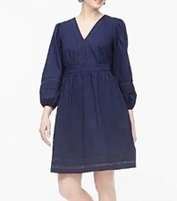 J. Crew Navy Blue Long Sleeve V-Neck Peasant Style Cotton Mini Dress Size Small