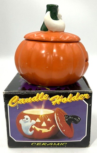 Candelabro Fantasma Jack-O-Lantern Vintage Años 80 Cerámica Caja Original - Imagen 5 de 10